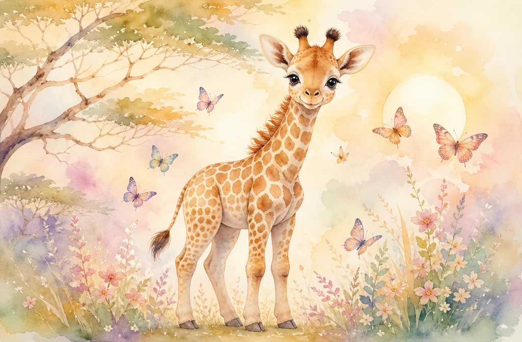 Cute baby giraffe watercolor on soft grassy nursery background