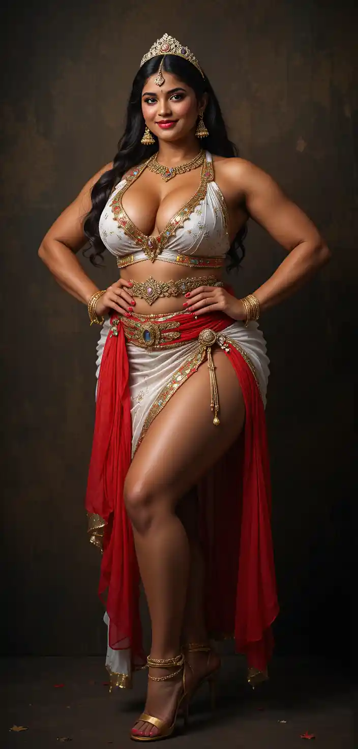 Curvy muscular South Indian woman in sheer red chiffon outfit