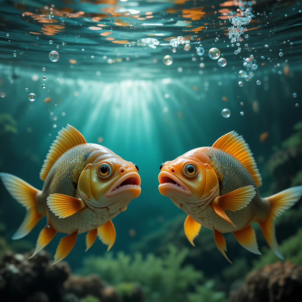 Two talking fish sharing emotions in a river scene