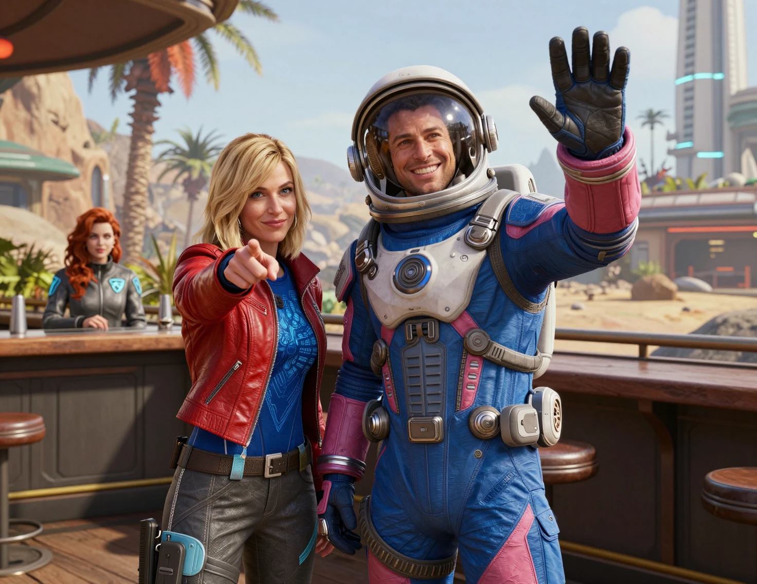 Smiling astronaut waving beside woman at futuristic bar