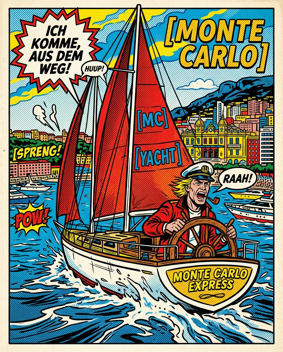 Pop art sailboat with captain in Monte Carlo harbor