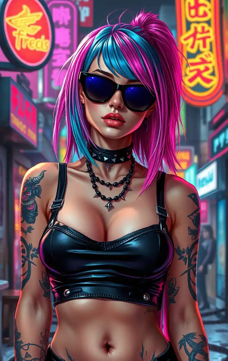 Cyberpunk woman with neon hair in futuristic city