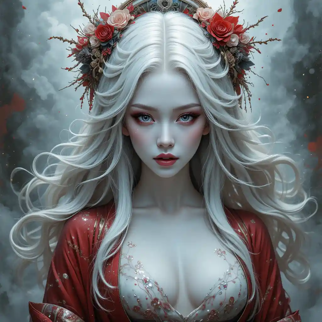 Mystical geisha in red kimono with glowing pale skin