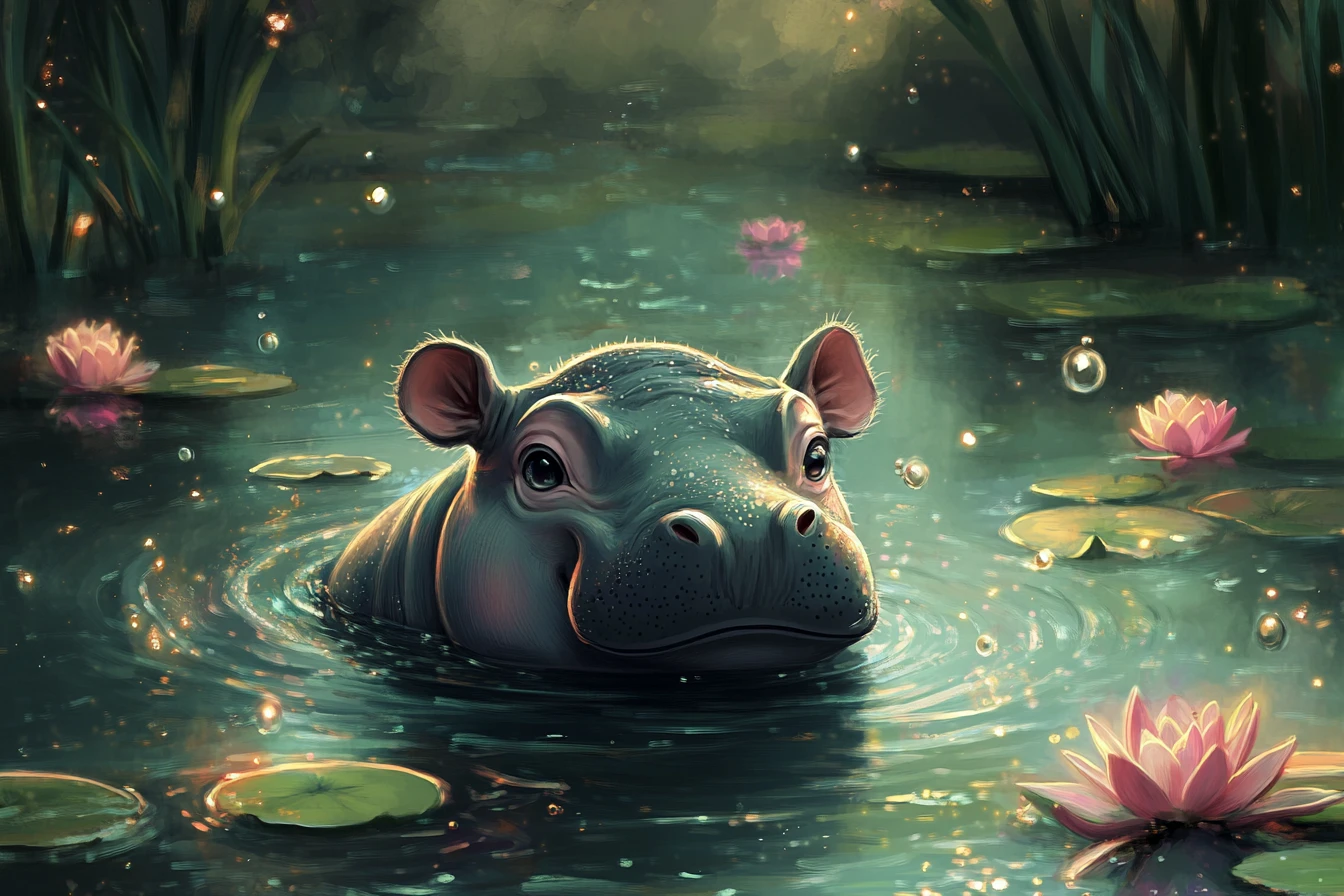 Cute baby hippo in glowing river with lily pads