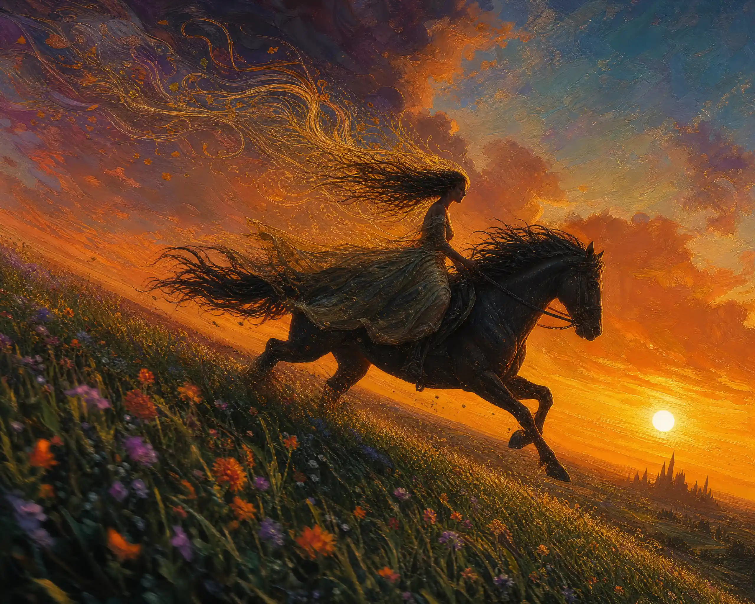 Woman riding a horse across a meadow at sunset
