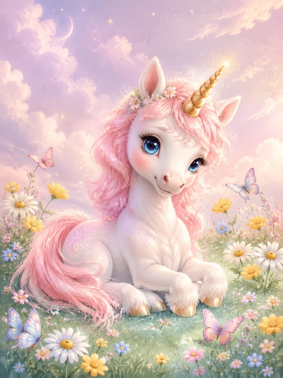 Cute baby unicorn in pastel meadow nursery illustration