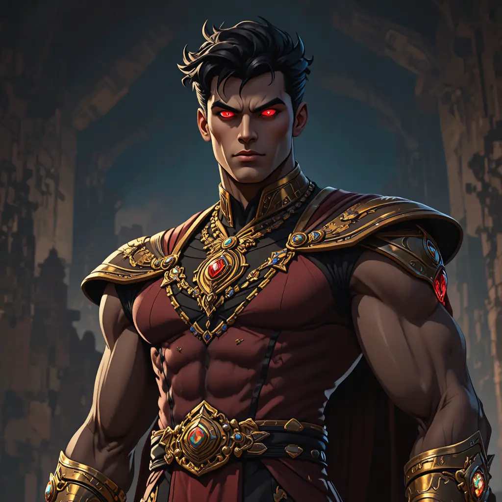 Red eyed sky island warrior in ornate fantasy robes