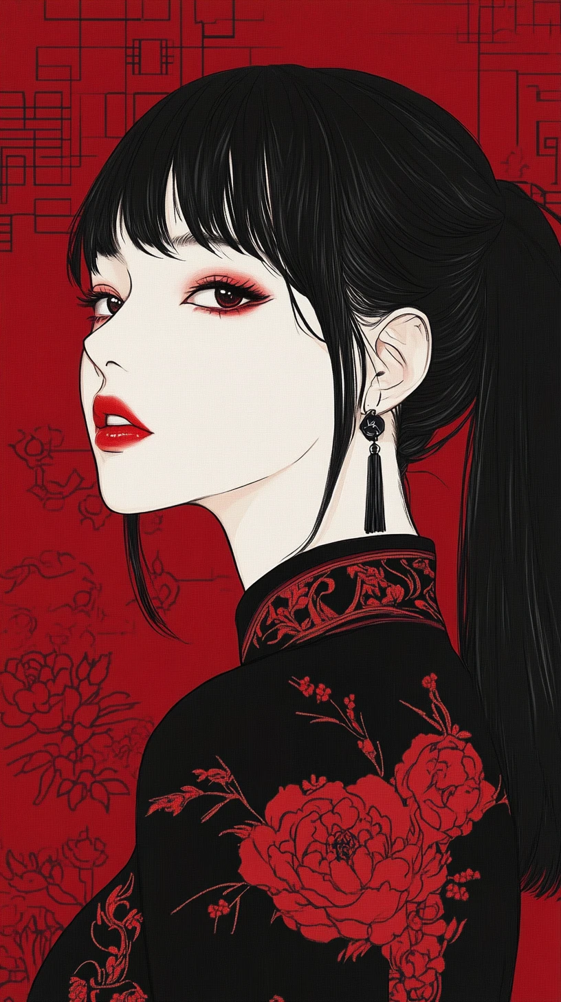 Elegant manga portrait of a woman in black cheongsam