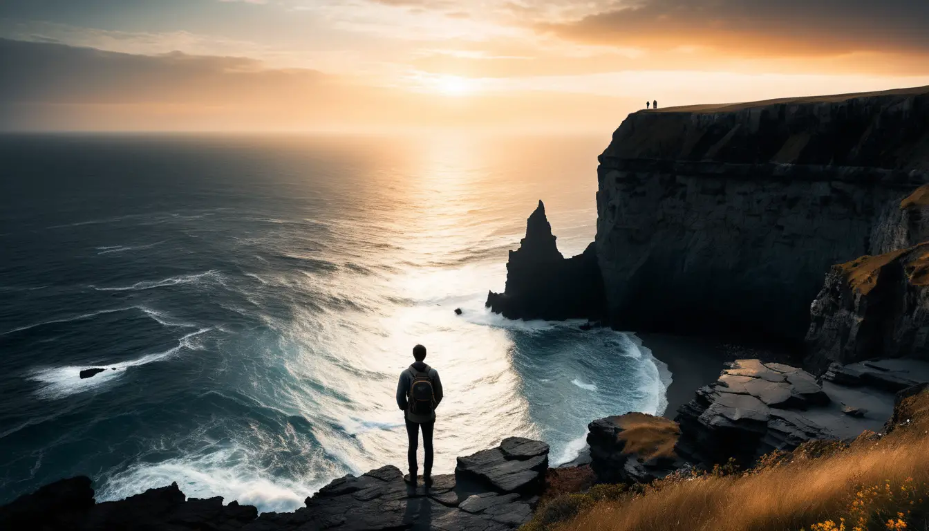 Solitary traveler on a crumbling cliff facing distant ocean horizon