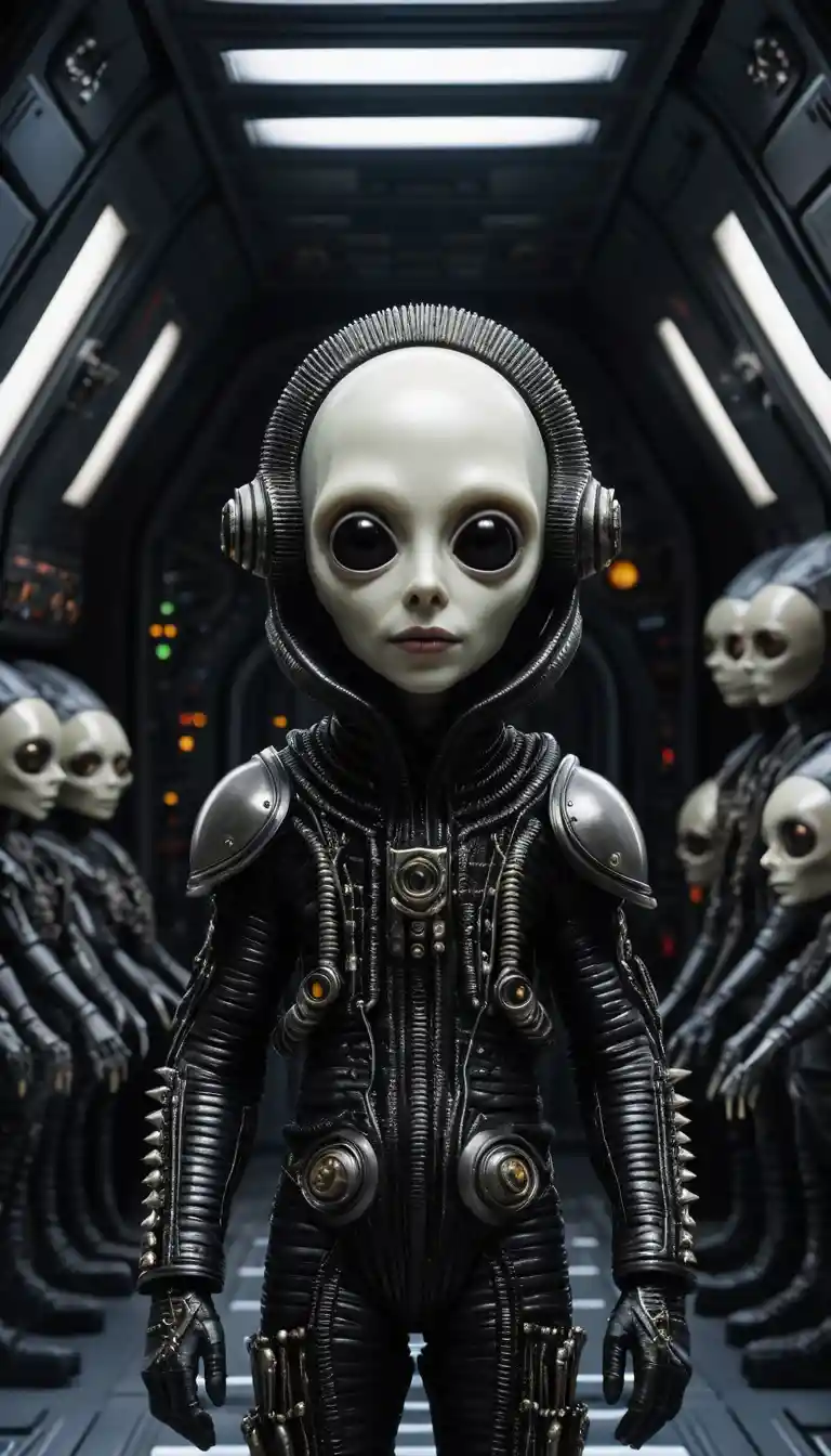 Alien creature in futuristic pyramid styled spaceship interior