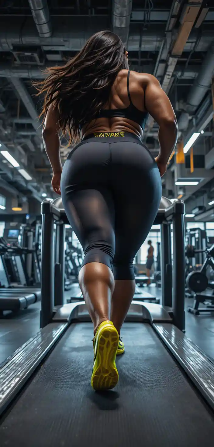 Muscular Tamil woman power walking on treadmill in gym
