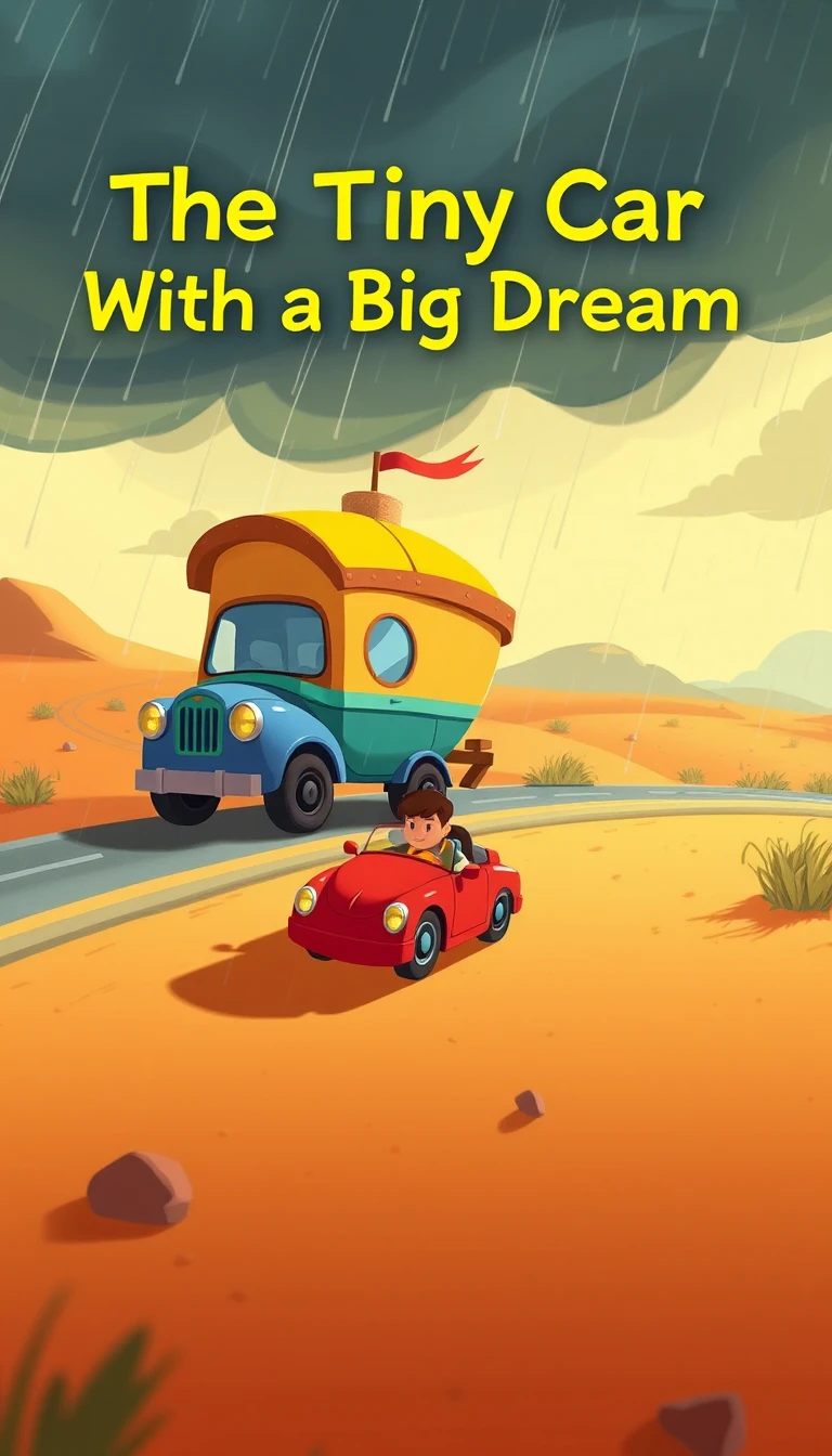 Tiny cartoon caravan car traveling through windy desert sands