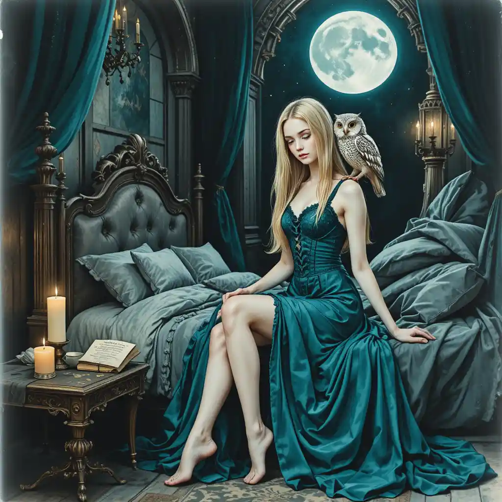 Barefoot woman with candle in a moonlit gothic bedroom