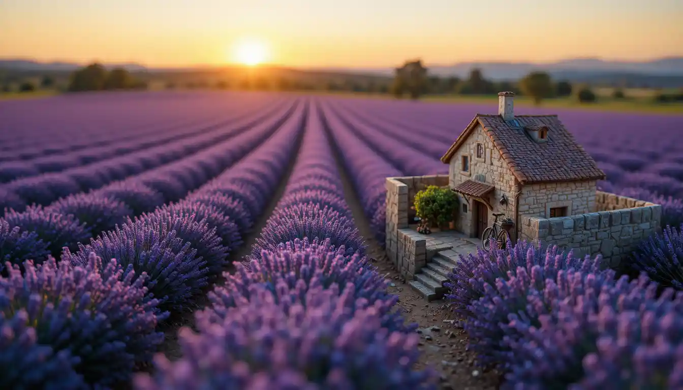 Miniature lavender field diorama at glowing sunset