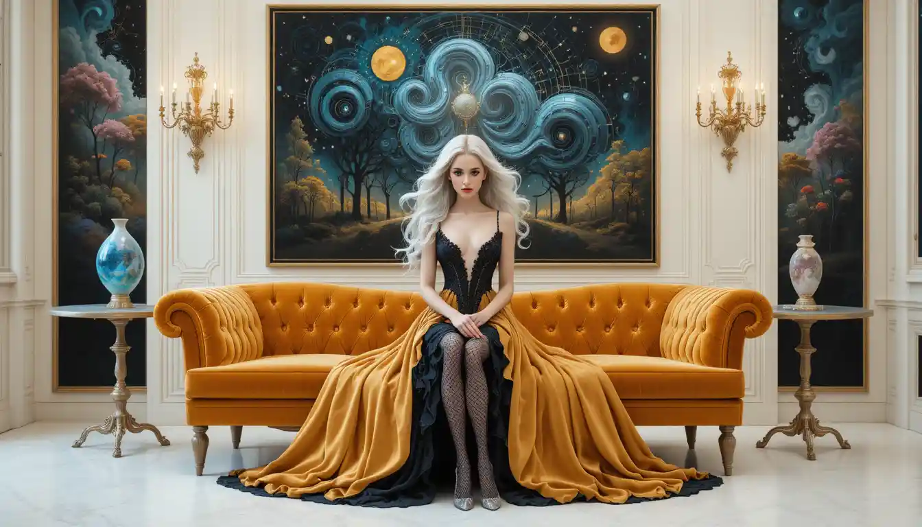 Surreal velvet sofa before abstract cosmic forest painting