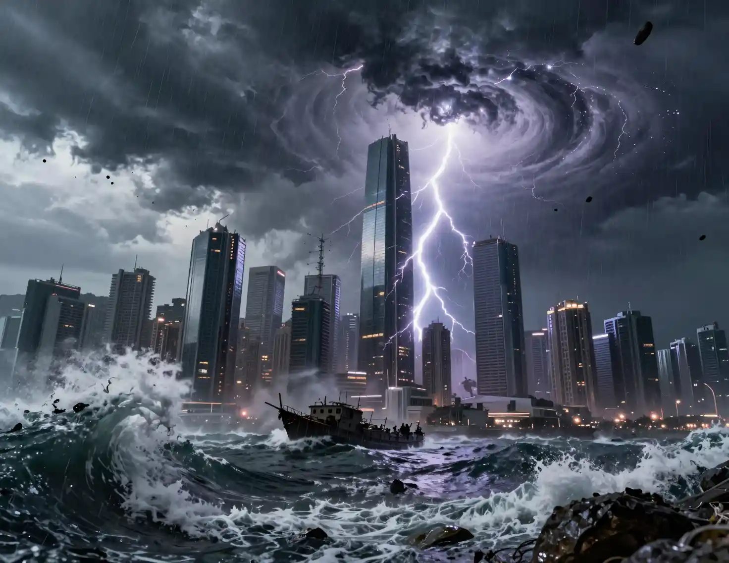 Apocalyptic storm engulfing a futuristic coastal megacity