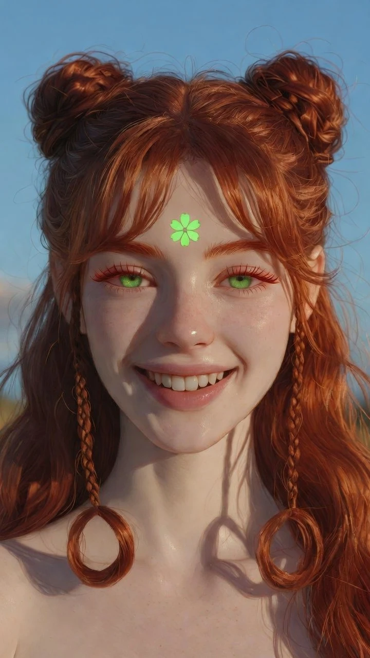 Jeune fille d’anime joyeuse sous un ciel dégagé à l’aube, en plein air