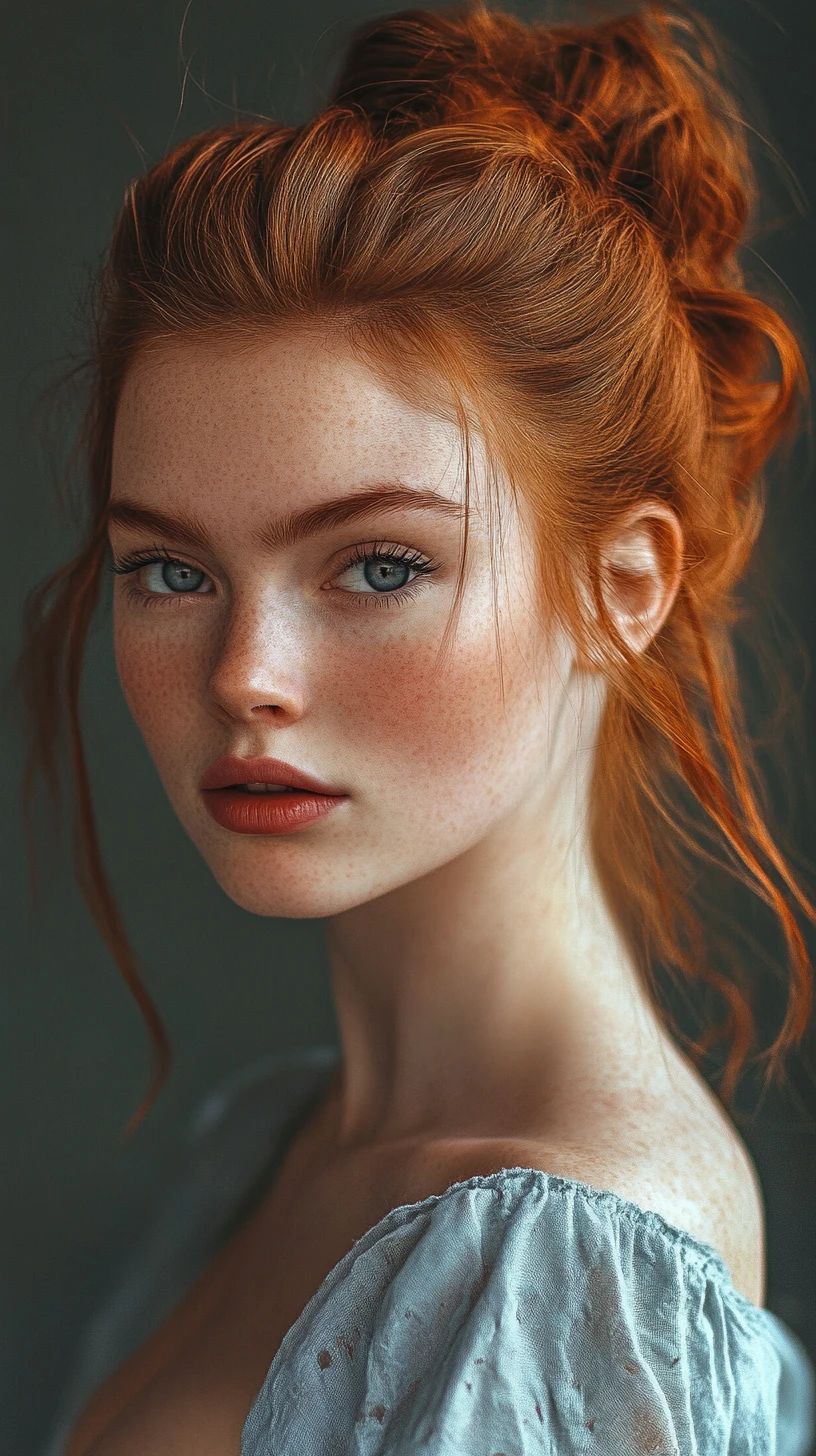Red haired girl in blue dress under dappled sunlight