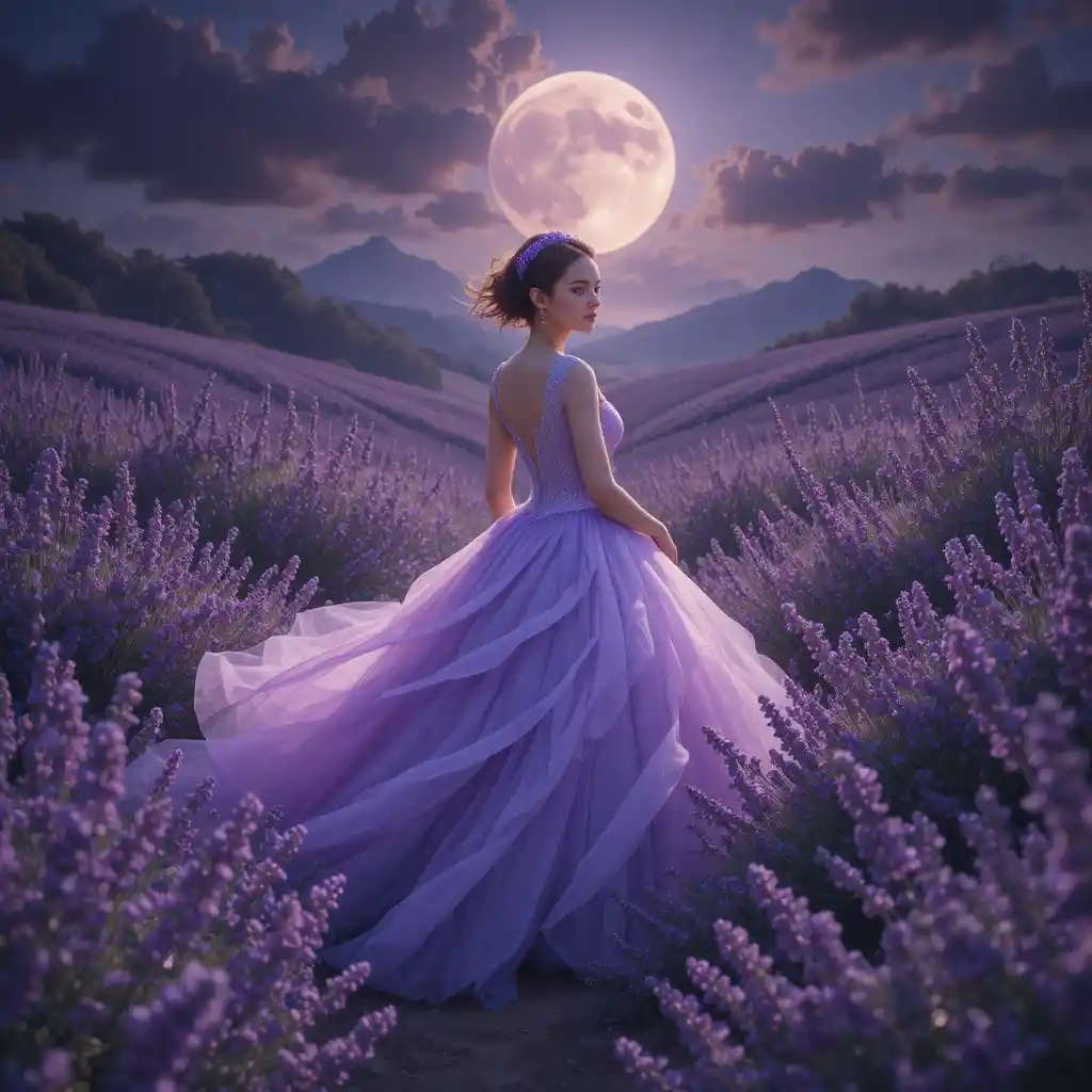 Elegant woman in lavender gown beneath a glowing full moon