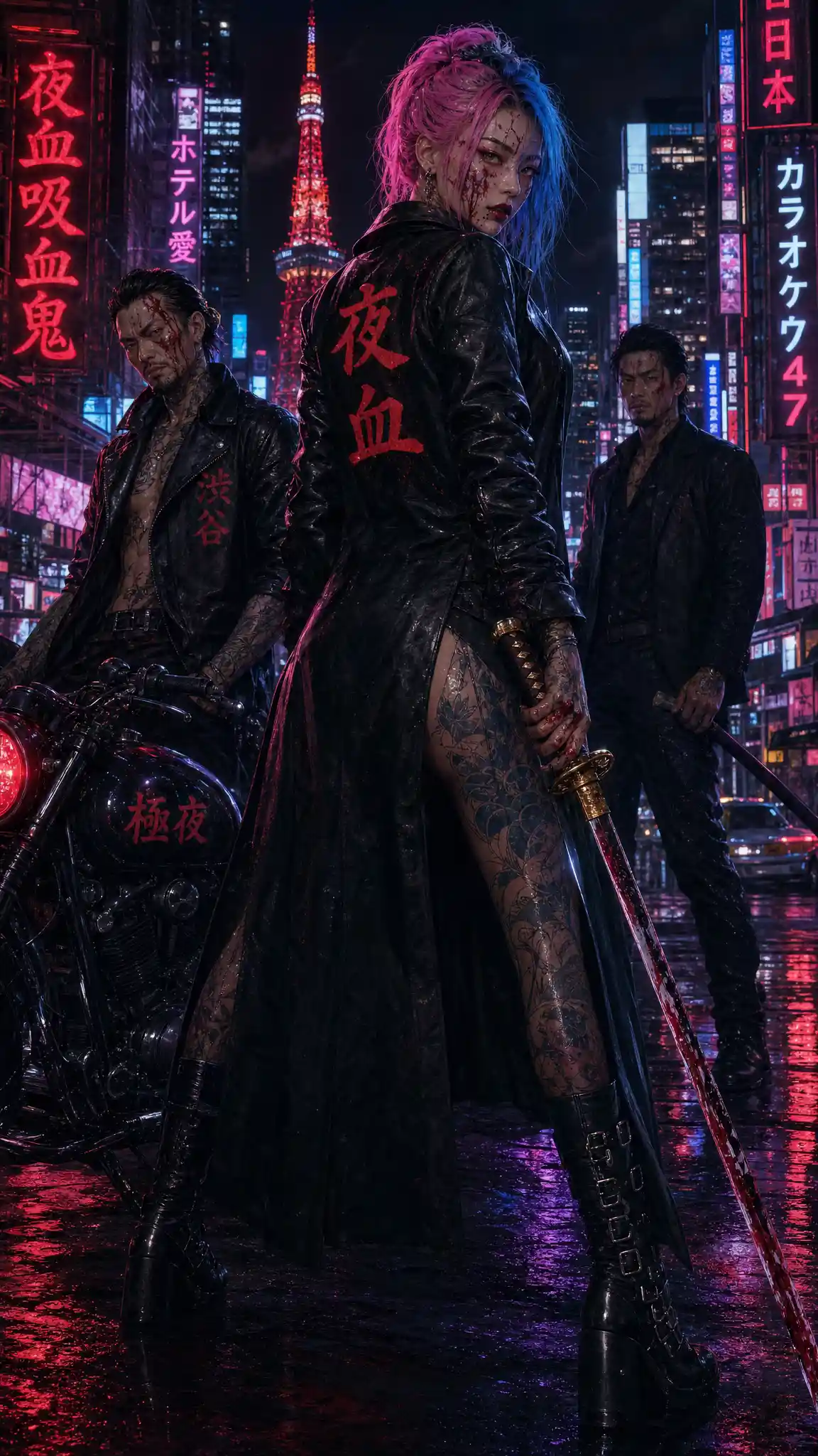Bloody Anime Warrior Woman In Neon Lit Tokyo Street