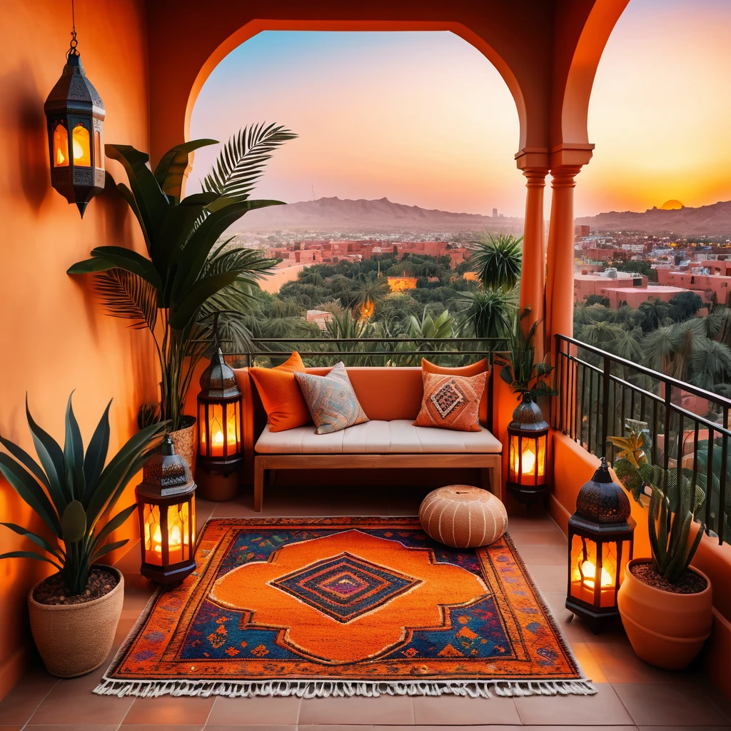Cozy boho balcony with lanterns and desert sunset view