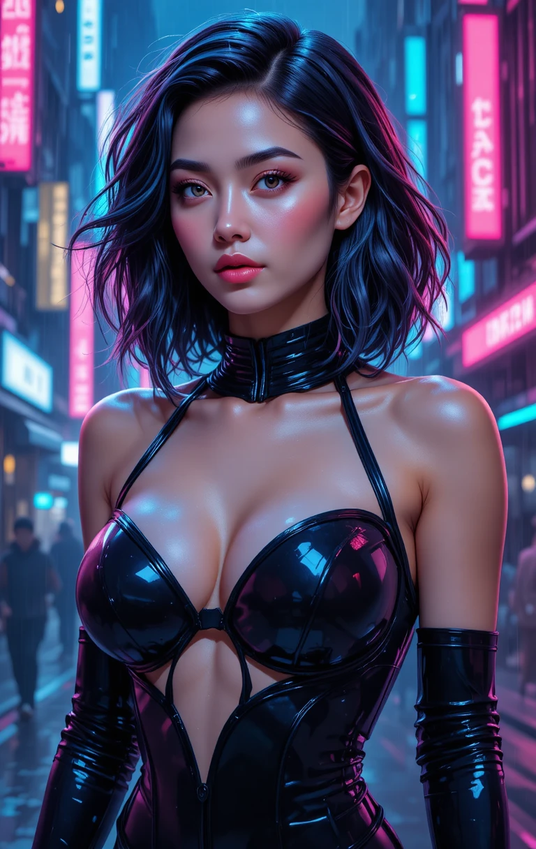 Curvy woman in black bodysuit in neon city rain