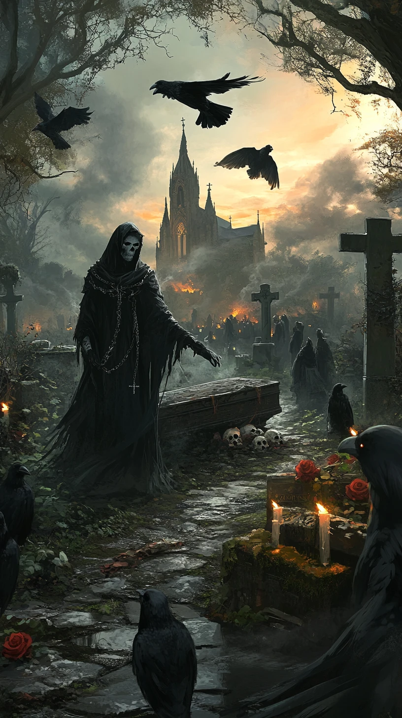 Spectral grim reaper with ravens in a gothic cemetery