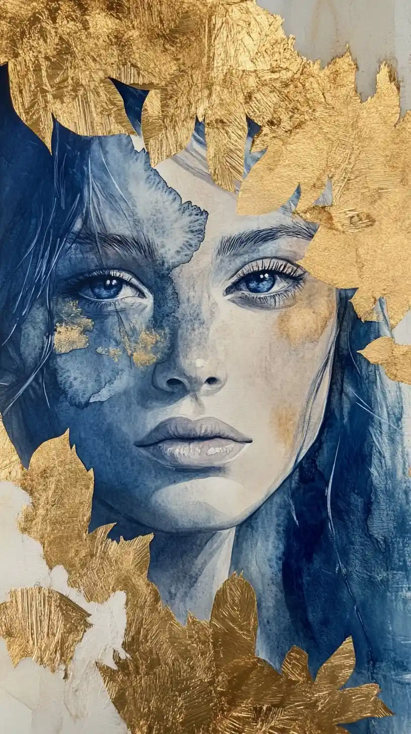 Watercolor portrait of a blue haired woman with golden leaves