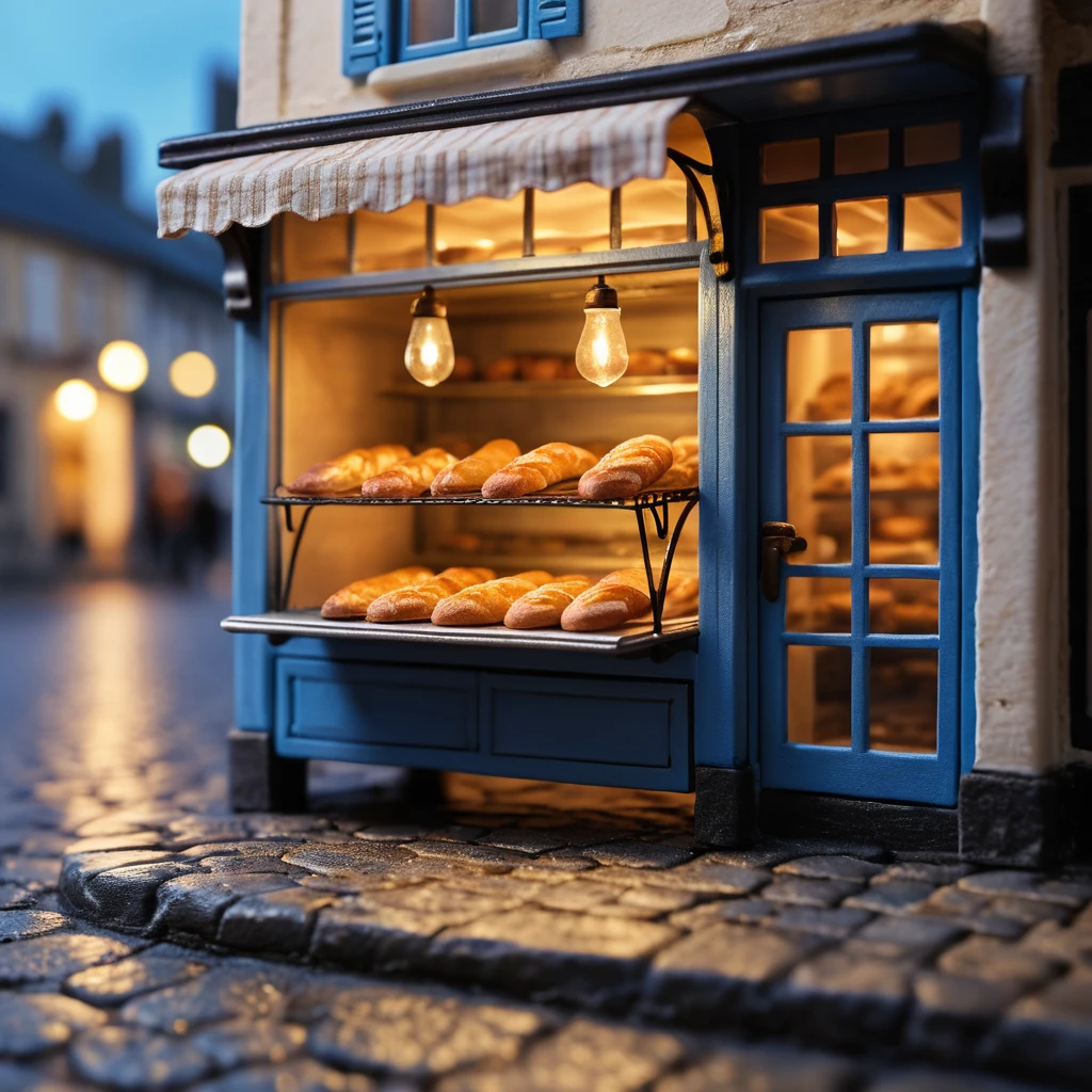 Tiny French bakery diorama under a glowing streetlamp
