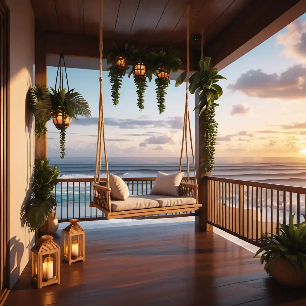 Tropical balcony with swing chair overlooking the ocean waves