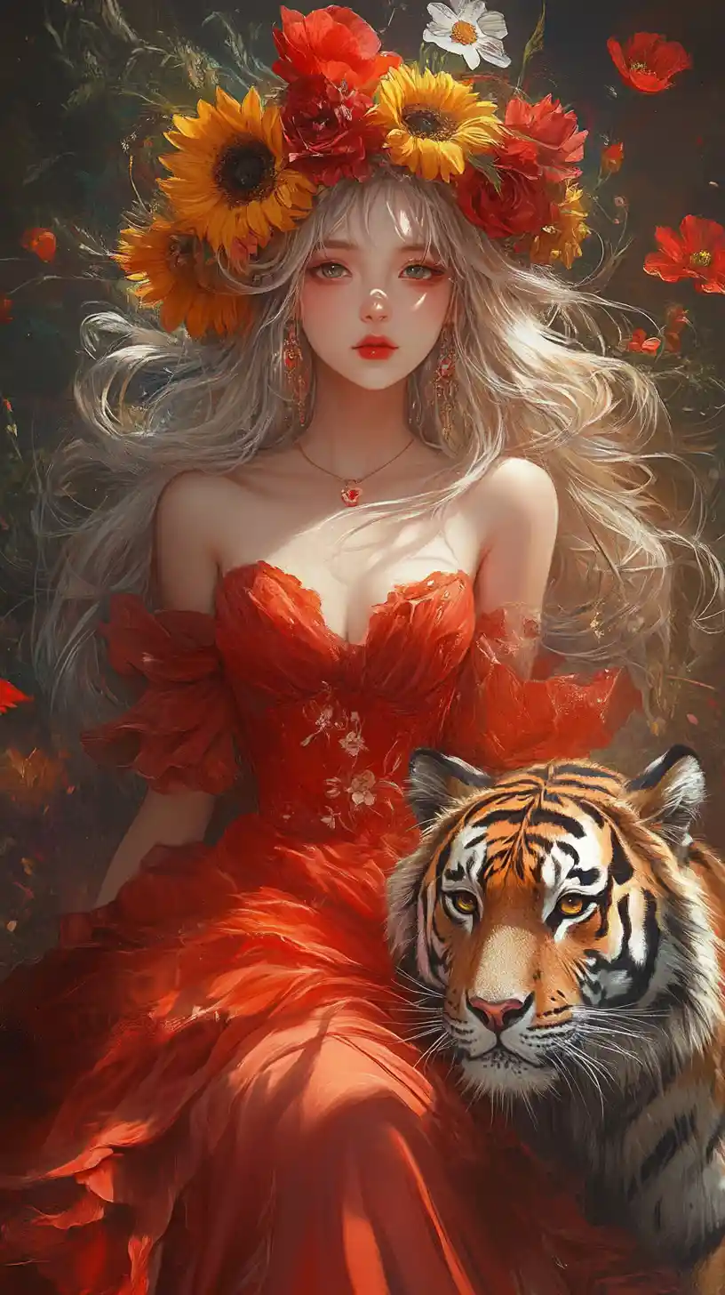 Anime girl in red dress with tiger and flower crown