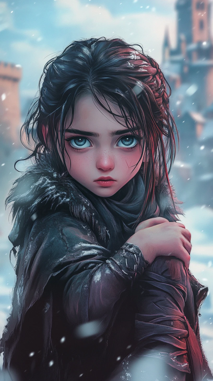 Anime girl with wolf pup before a winter castle