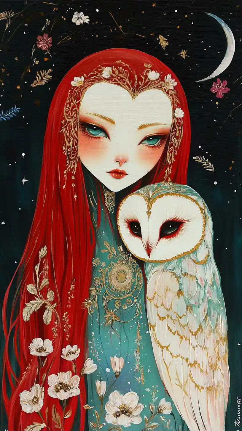 Fantasy owl in couture floating through outer space