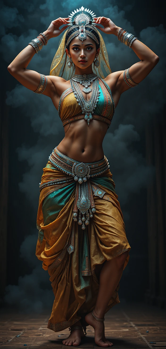 Strong South Indian Odissi dancer in traditional silk saree