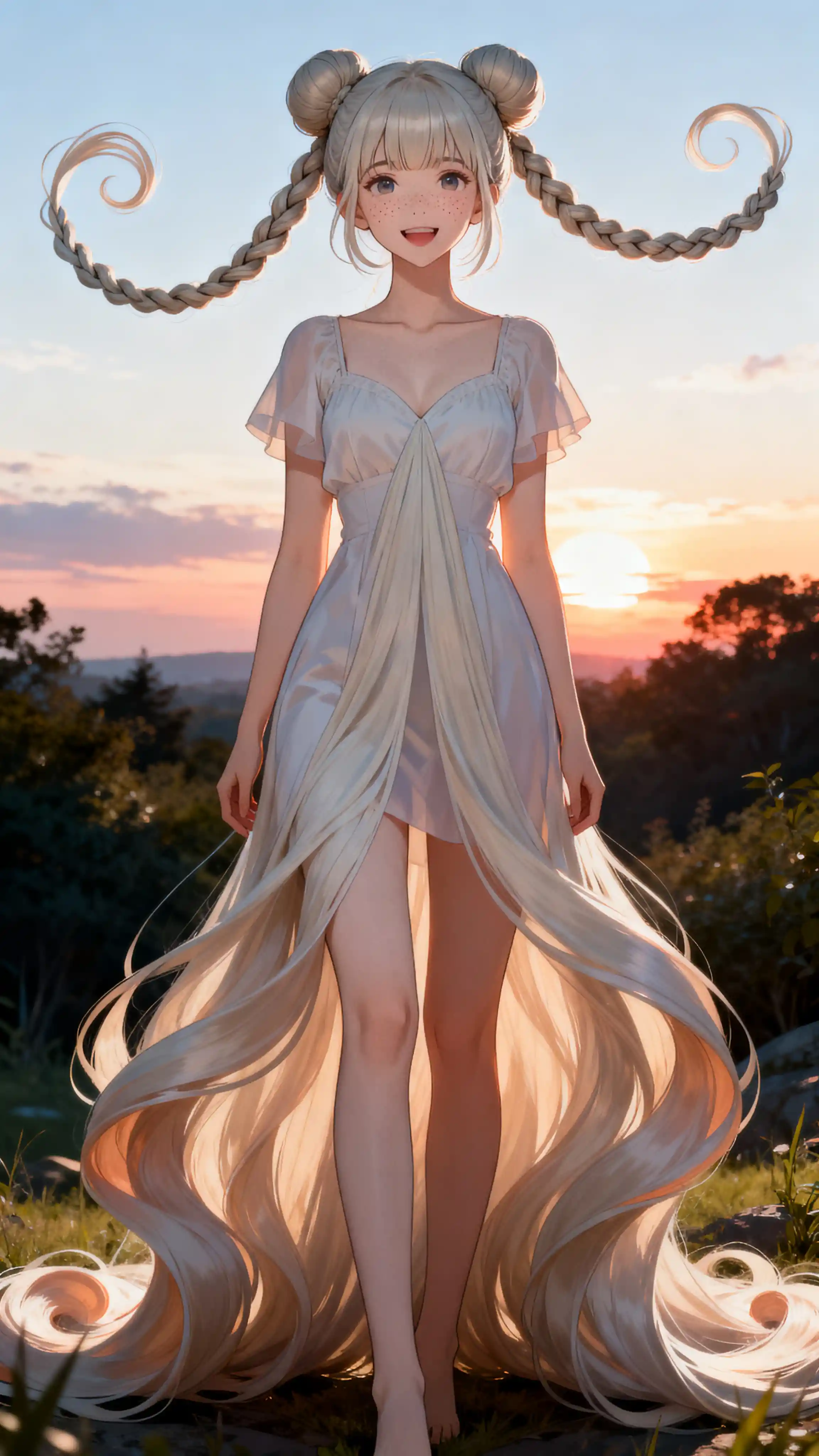 Anime girl with long red hair at sunrise outdoors