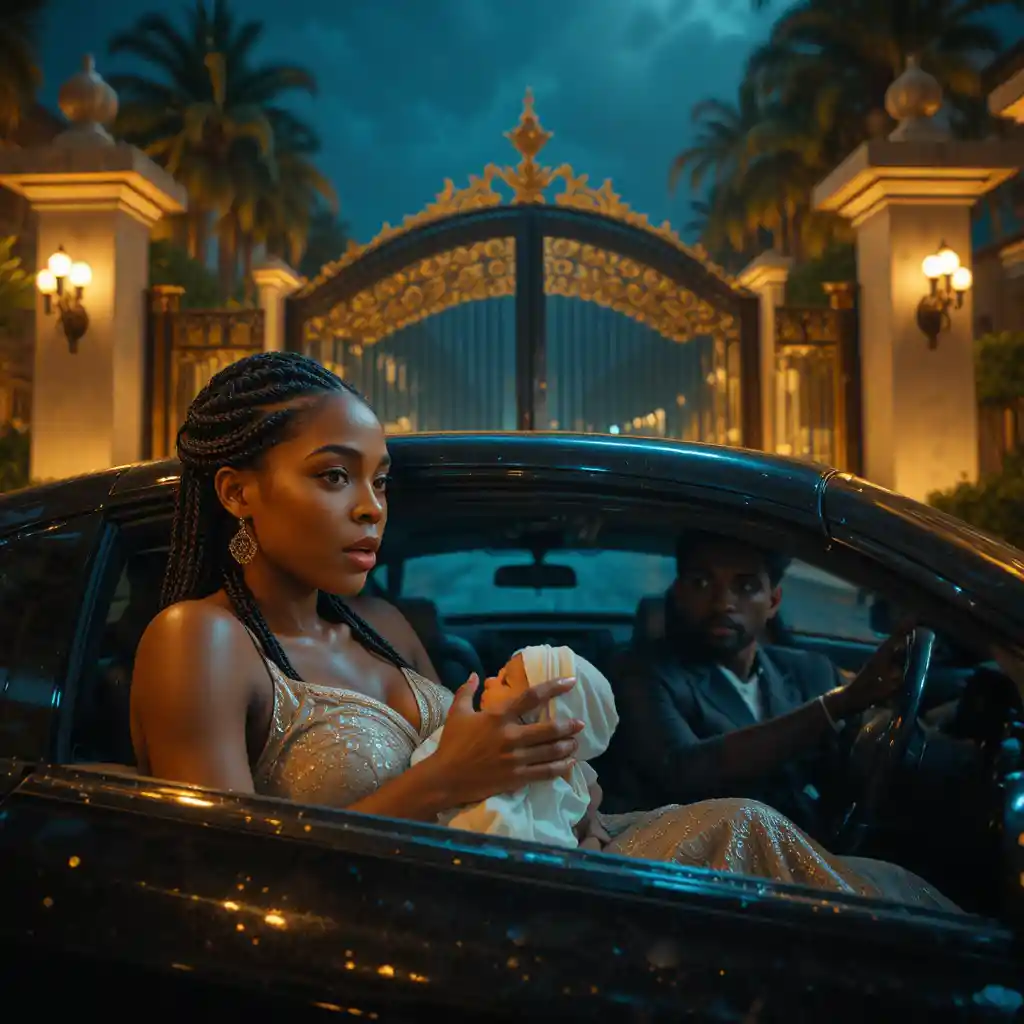 African couple with newborn arriving at luxury mansion at night