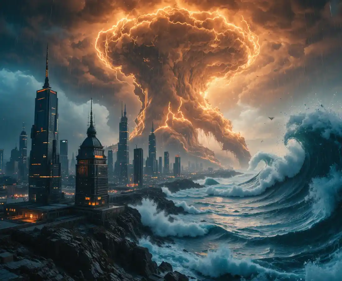 Planet wide storm overwhelming a futuristic coastal megacity