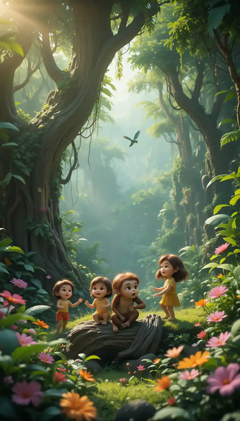 Cute monkey family in a colorful jungle tree at dawn