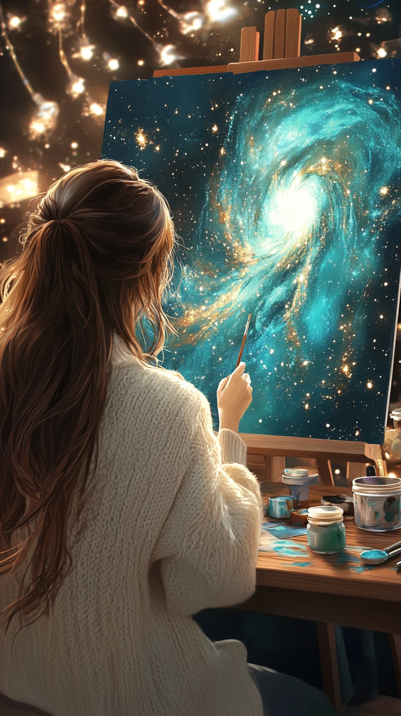 Anime girl painting a glowing galaxy canvas at night