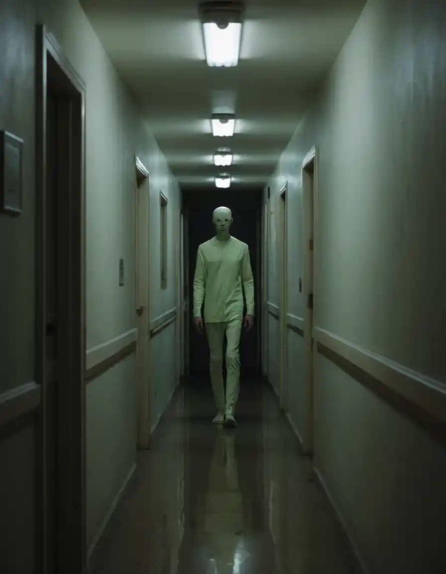 Silent humanoid figure in a dim apartment hallway