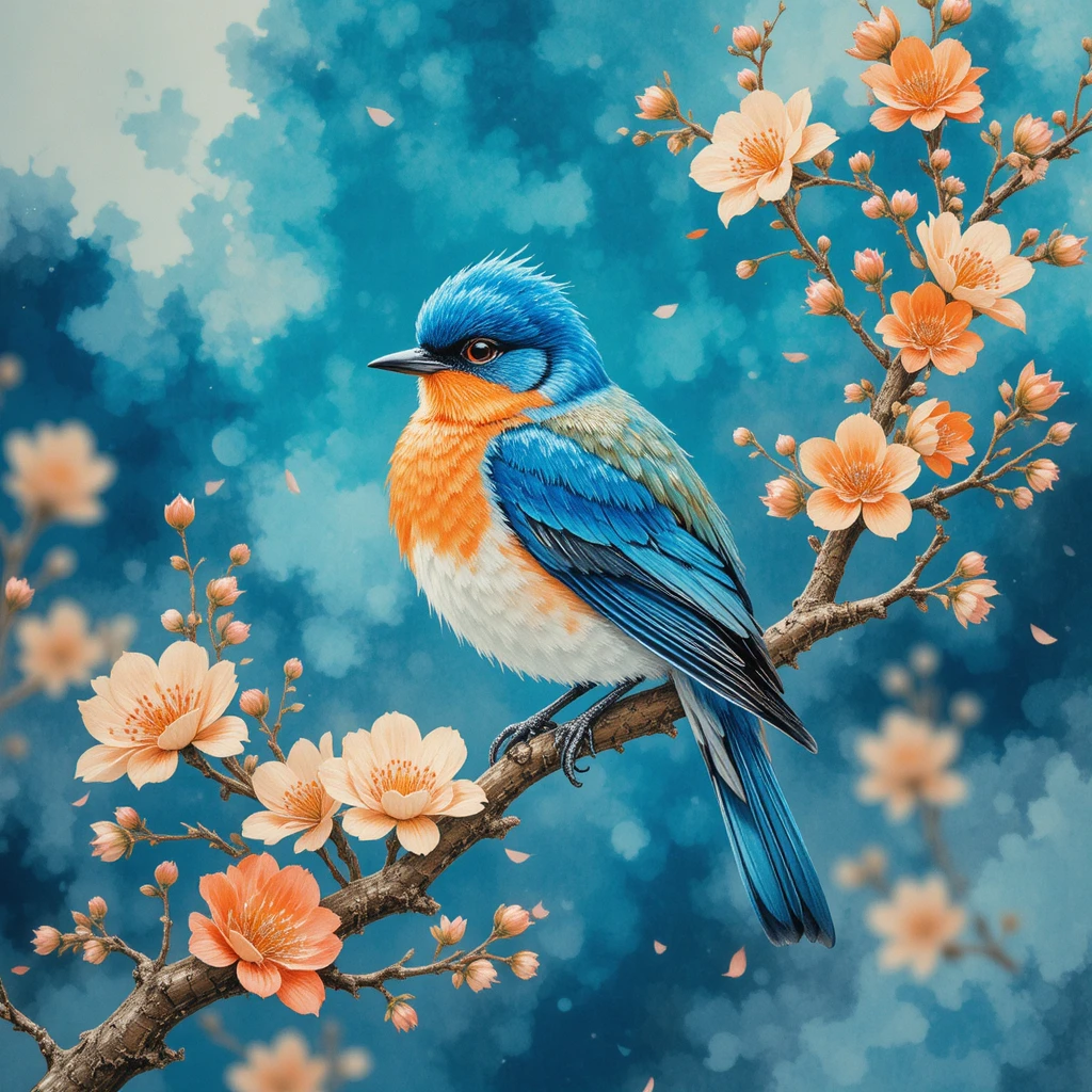 Colorful bird on flowering tree branch in watercolor style
