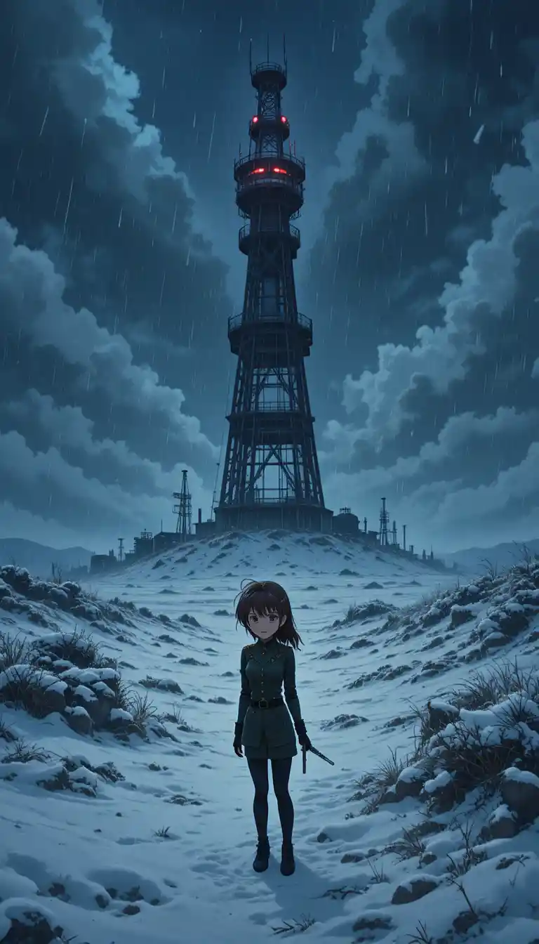 Anime girl under radio tower in snowy wasteland