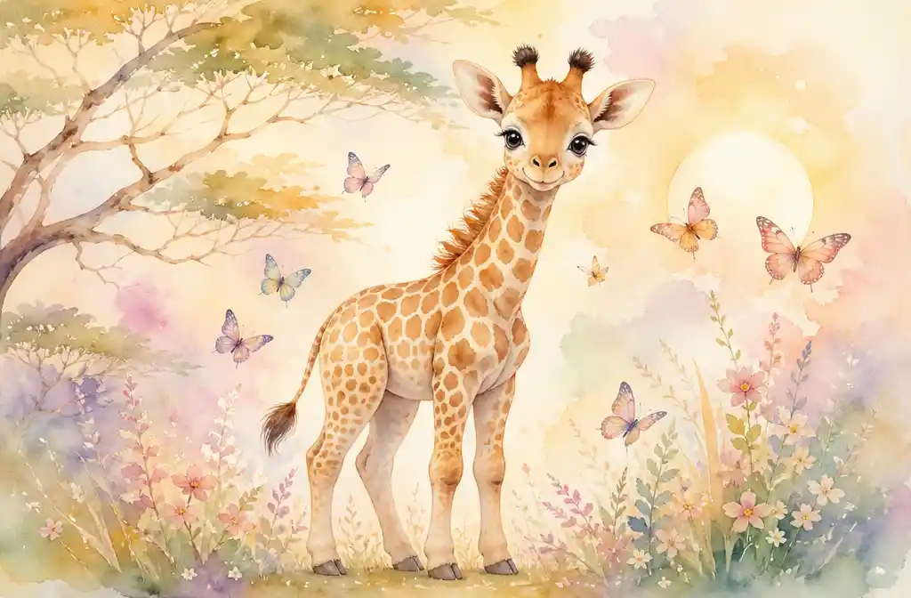 Cute baby giraffe watercolor on soft grassy nursery background