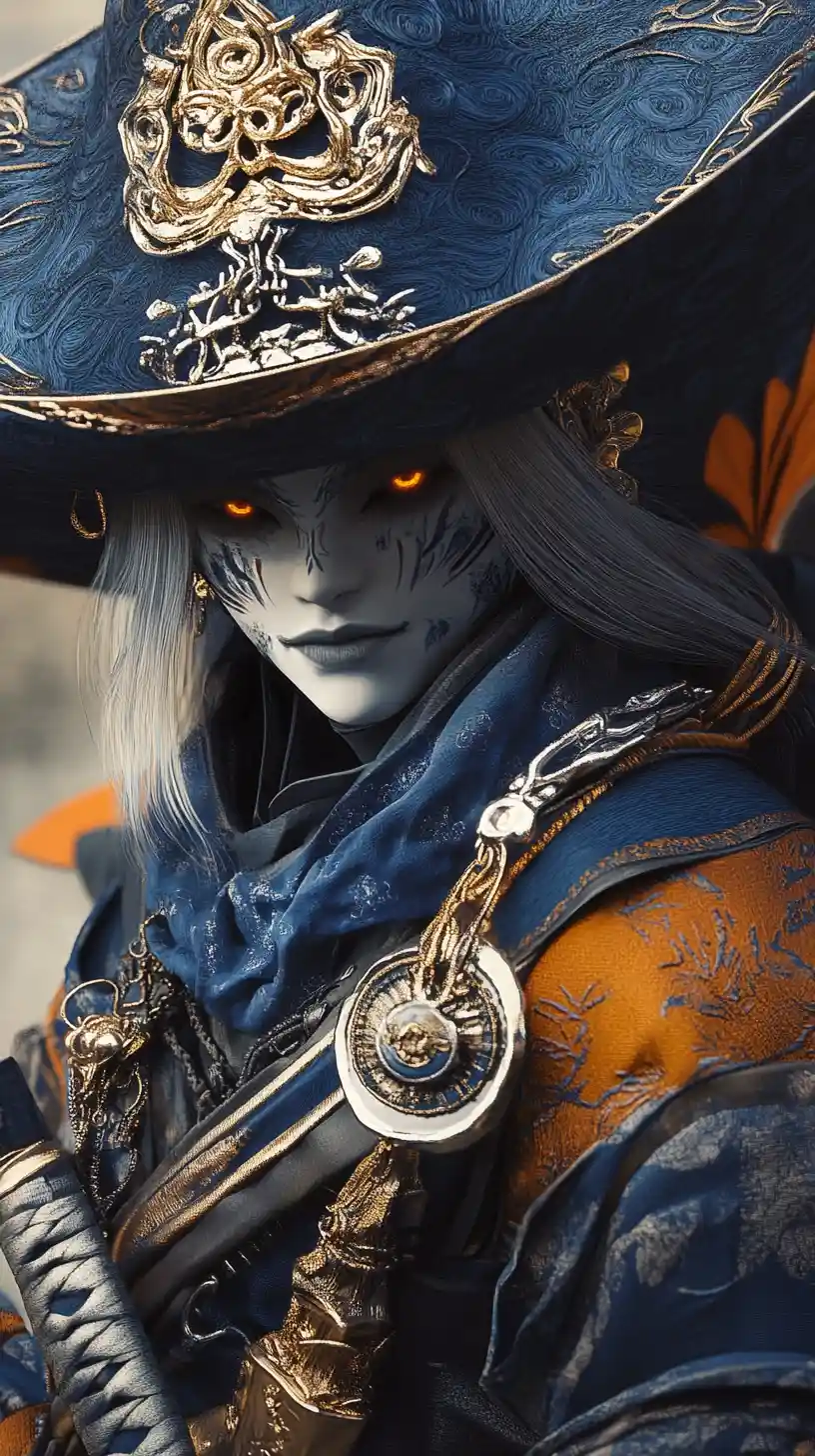 Guerreiro samurai místico em armadura azul e dourada ornamentada