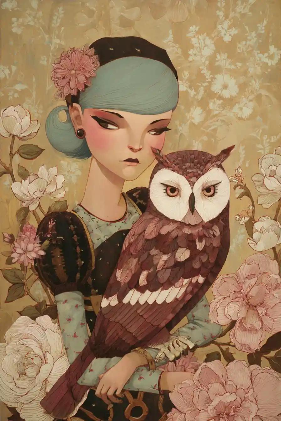 Free spirited owl in dreamy couture floating through space