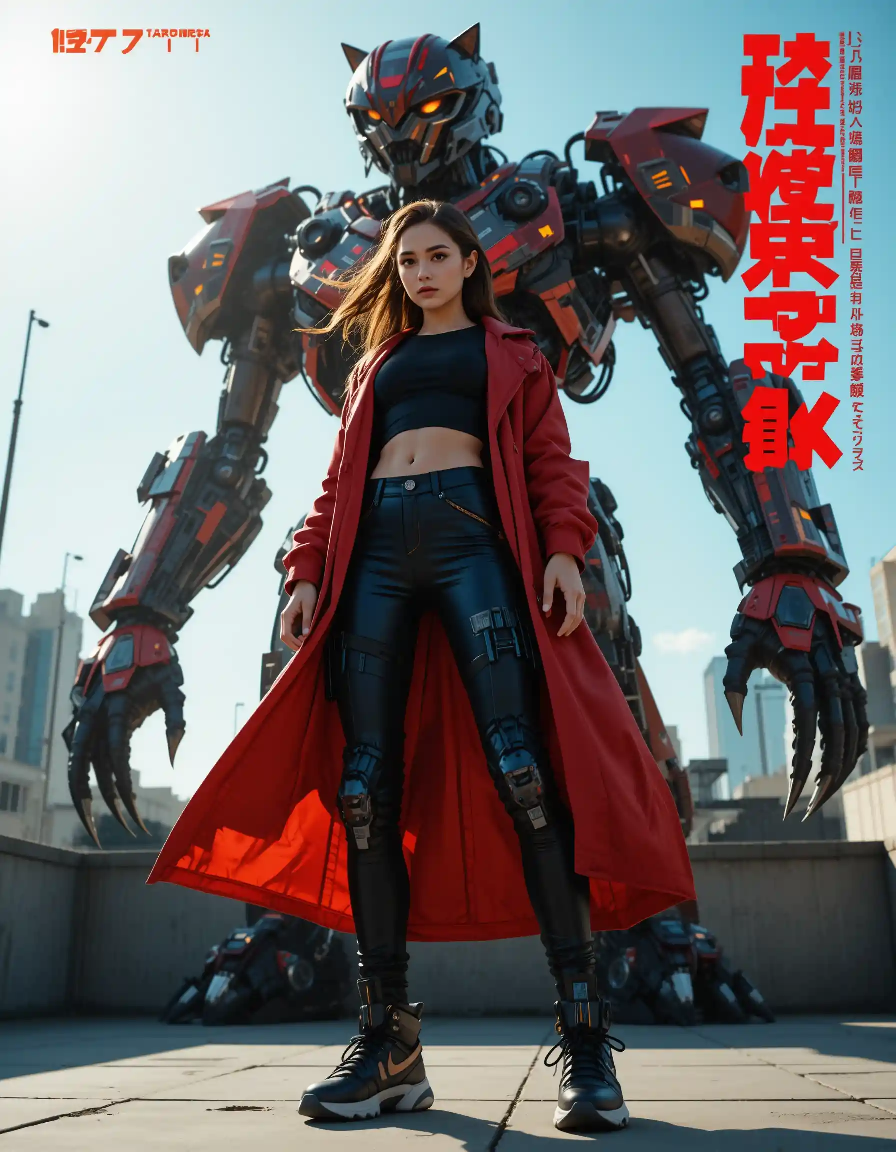 Futuristic woman on rooftop with towering sci fi mecha