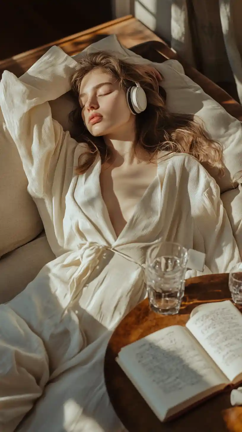 Woman relaxing in loungewear on sofa with headphones