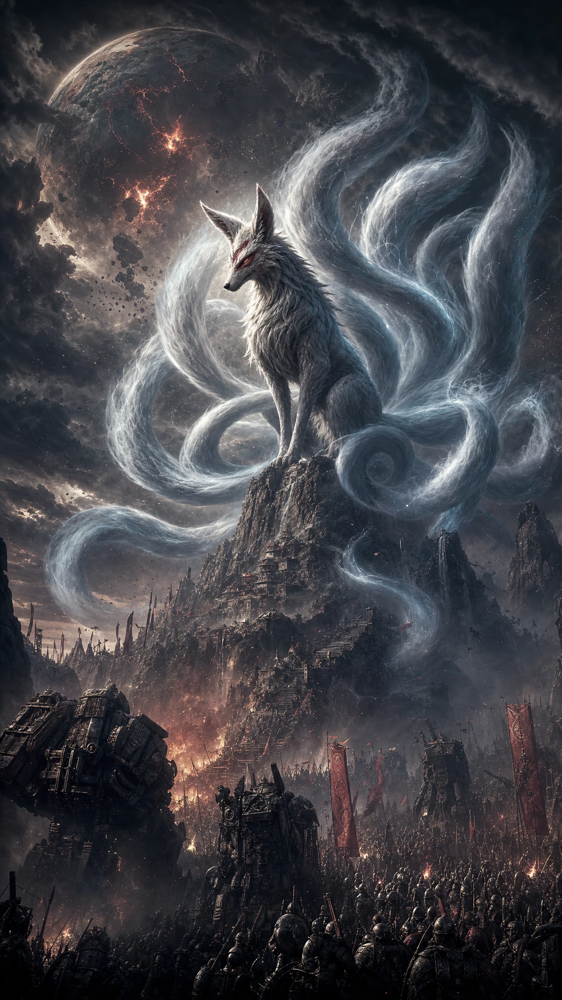 Colossal nine tailed fox on a windswept mountain peak