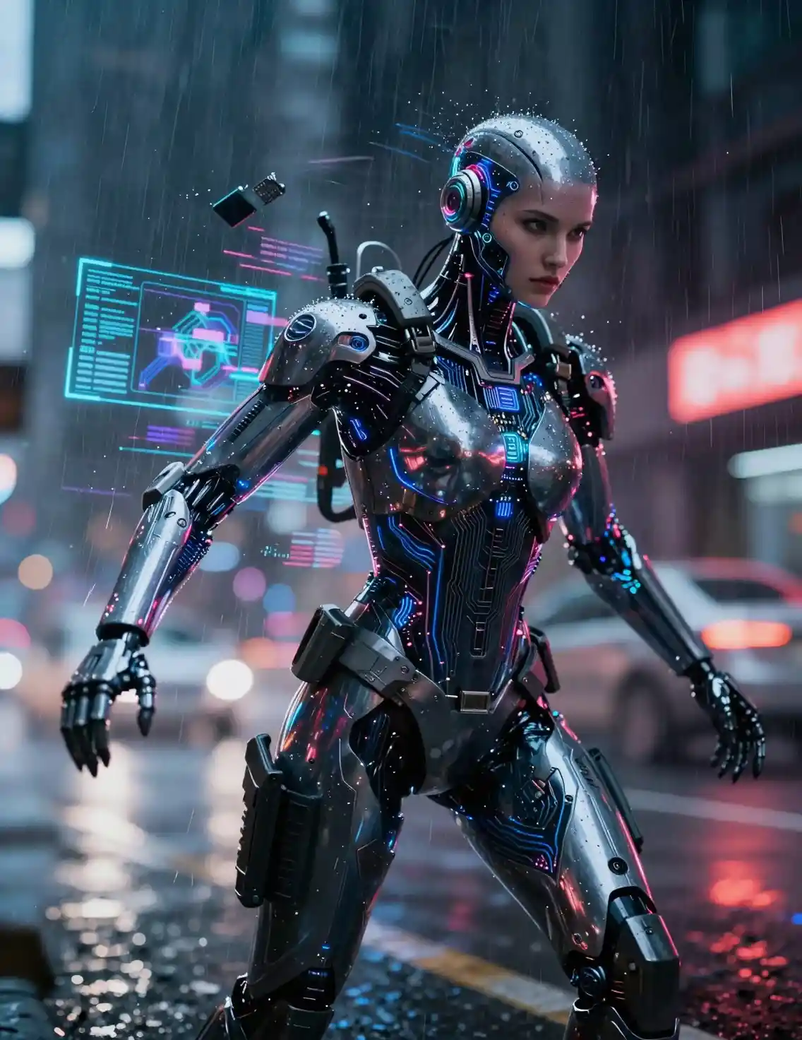 Cybernetic assassin emerging through neon rain in dark city
