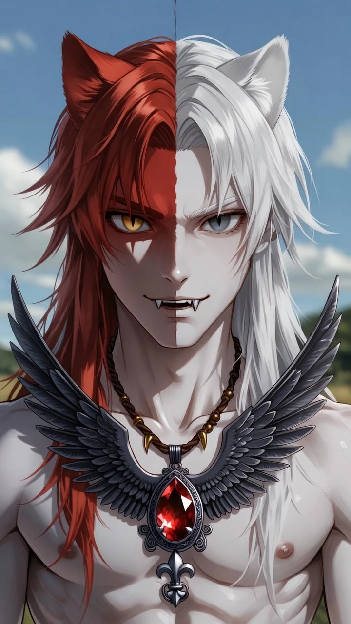 Heterochromatic anime man with split red and white hair outdoors
